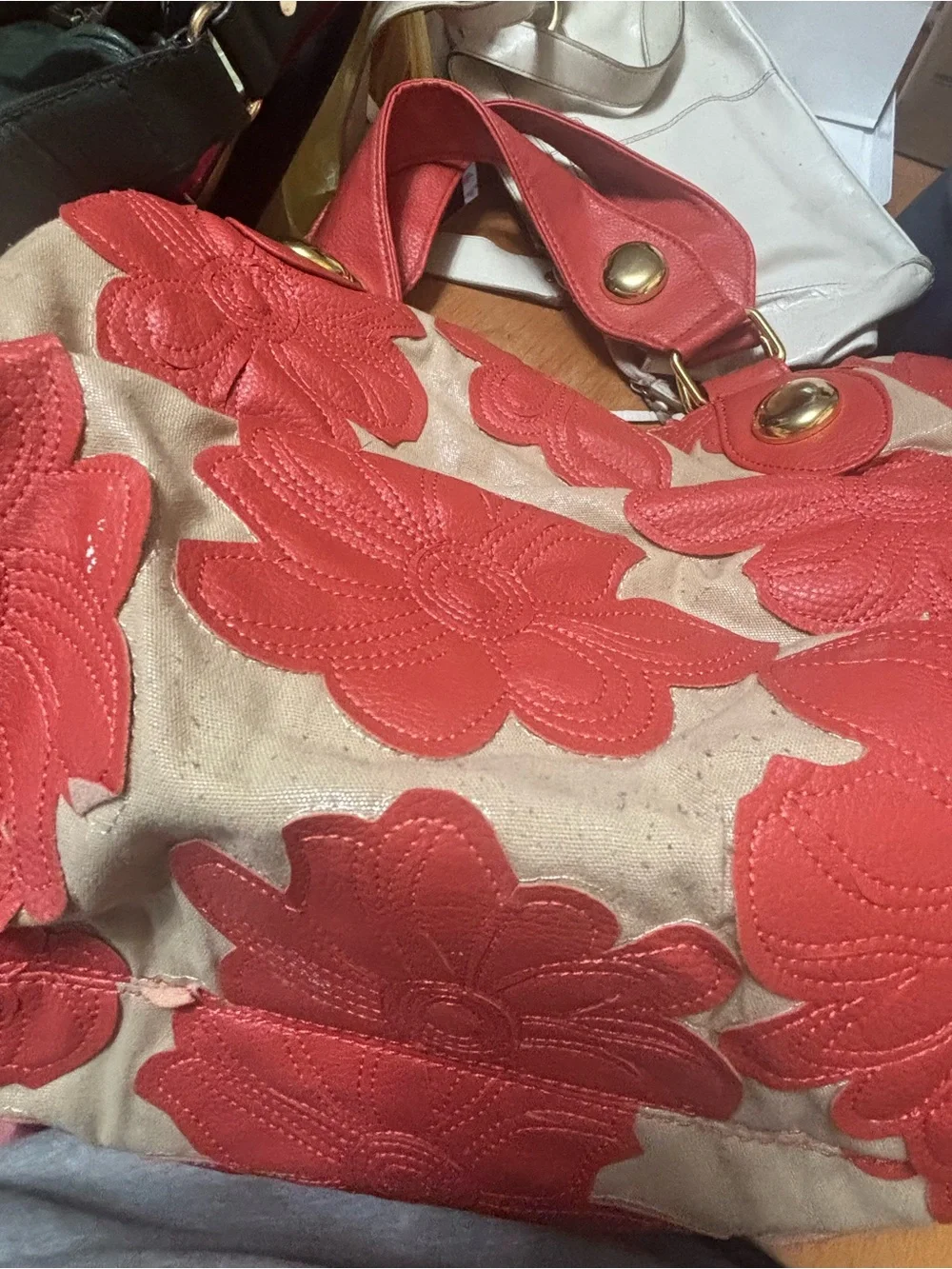 Big Buddha Coral and Cream Floral Appliqué Tote